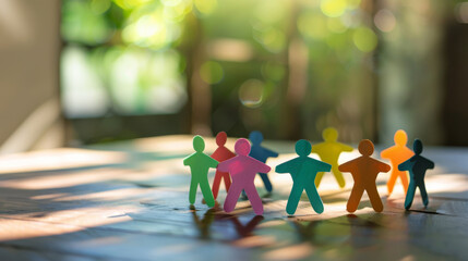 A diverse group of colorful paper figures standing together on a wooden surface, symbolizing community, diversity, and unity.