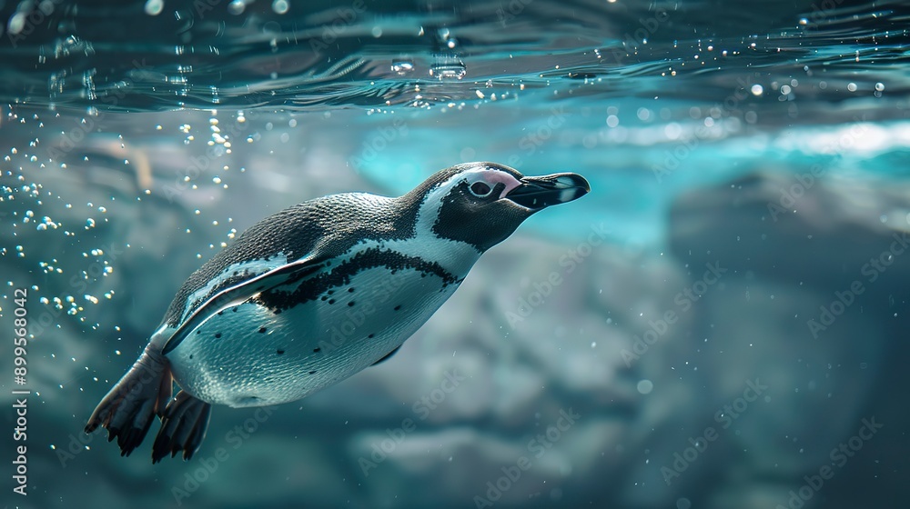 Poster a penguin is swimming underwater