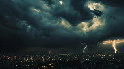 Dark and stormy sky looms over a brightly lit cityscape, with multiple lightning bolts electrifying the atmosphere.