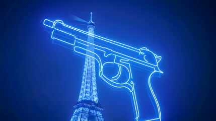 Naklejka premium Neon Luger: Neon outline of a luger with the Eiffel Tower in the background on a dark blue background.