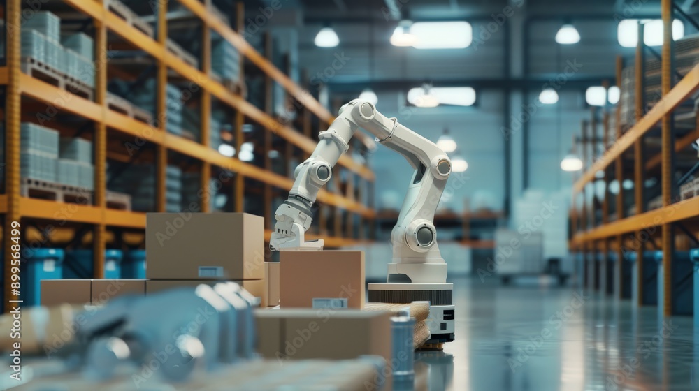 Poster White robotic arm stacking boxes in a modern warehouse. Advanced robotics and automation in industrial logistics.