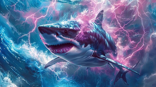 a shark painting with a light blue and pink electricity effect background, 