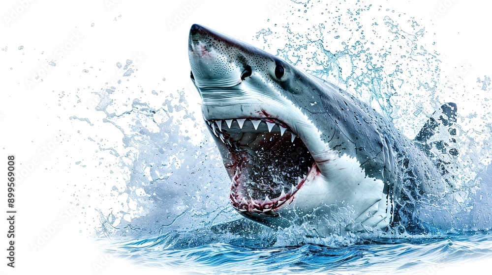 Canvas Prints A large shark with an open jaw flying in a splash of water on a white background. 