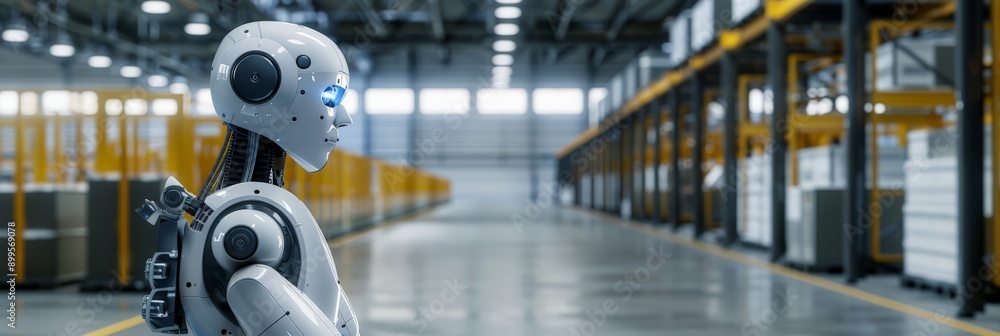 Poster Humanoid robot in a high-tech warehouse environment. Showcasing advanced robotics and modern industrial automation.