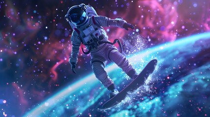 Astronaut surfing 3D randering. 