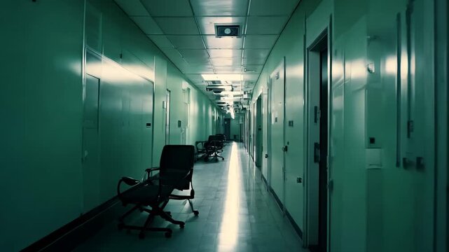 Quiet hospital corridor with empty chairs at night in corridor e