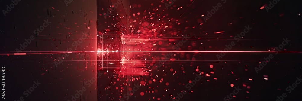 Poster Dynamic Red Line Extending From Black Background Towards Center Displaying Square Prism Form