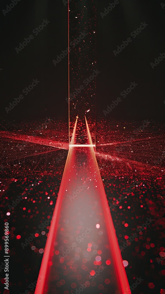 Poster Striking Black Background Featuring Central Red Line and Square Prism Illuminated in Abstract Composition