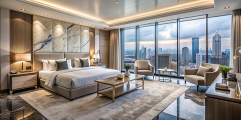 Elegant modern hotel room with lavish king-size bed, marble-clad bathroom, stylish lounge area, and stunning city skyline views through floor-to-ceiling windows.