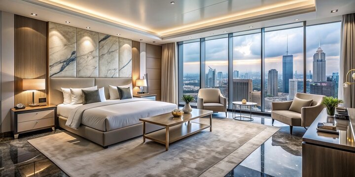 Elegant modern hotel room with lavish king-size bed, marble-clad bathroom, stylish lounge area, and stunning city skyline views through floor-to-ceiling windows.