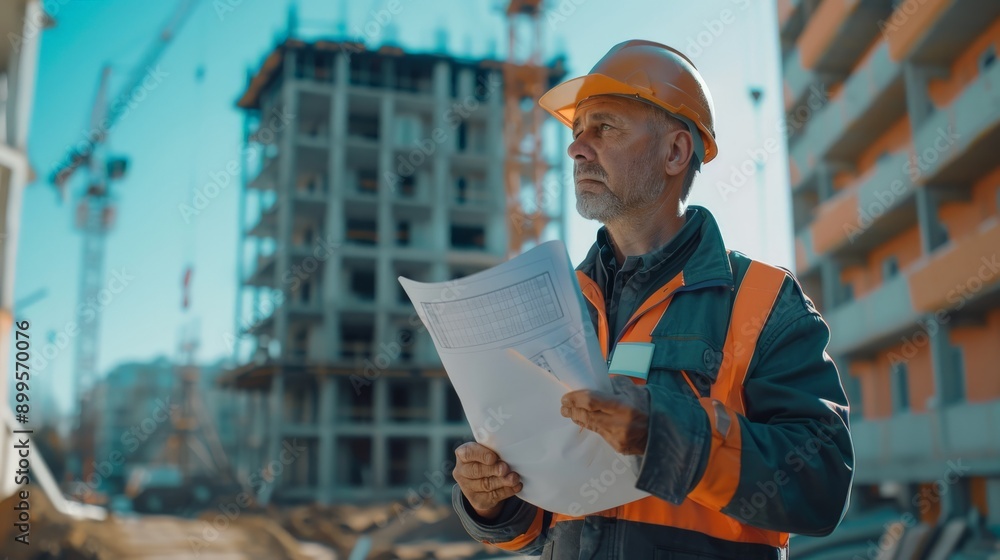 Poster construction worker holding blueprints at a building site during sunset. engineering and constructio