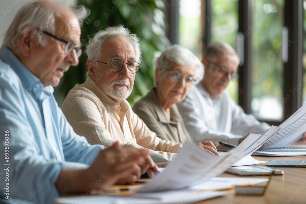 Poster a group of elderly individuals is engaged in an animated discussion, reviewing documents around a ta