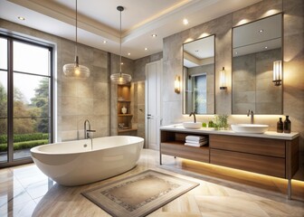 Spacious modern bathroom interior with sleek walls, stylish bathtub, and large mirror reflecting elegant fixtures, showcasing a serene and luxurious retreat atmosphere.