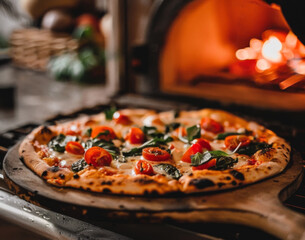 Pizza being taken out of a pizza oven