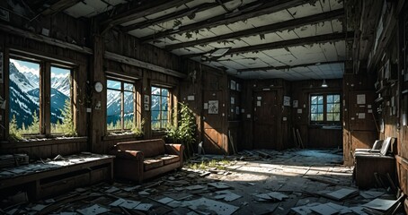 Fototapeta premium abandoned resort building interior in a mountain valley with mountains and pine trees in spring. ransacked log cabin lodge ruins.