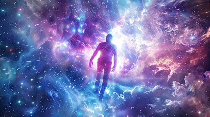 Fototapeta premium Cosmic Journey Through the Human Energy Field in a Vibrant Galaxy