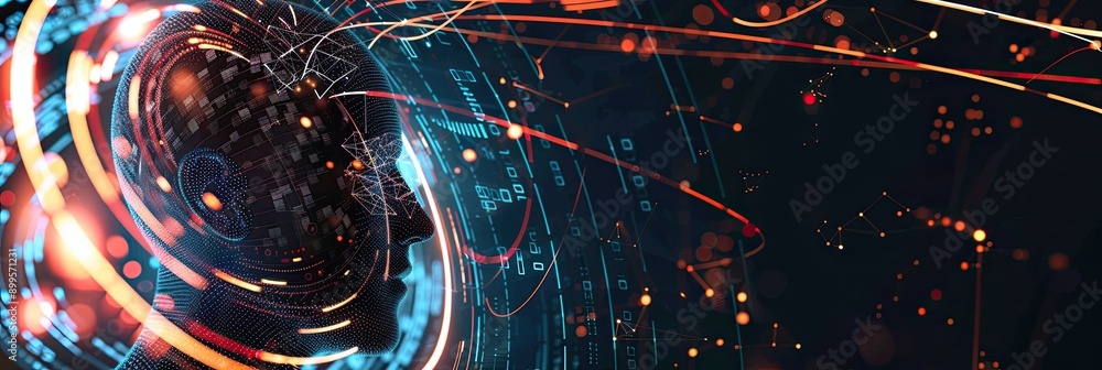 Poster Human Head Immersed in a Swirling Vortex of Digital Pixels and Abstract Shapes in Modern Cognitive Process Environment