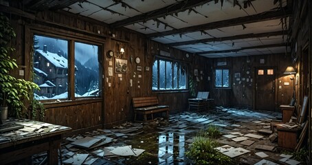 abandoned interior of cabin ski lodge resort in the forest wilderness mountains in the snow. deserted ransacked wooden log cottage in arctic tundra.