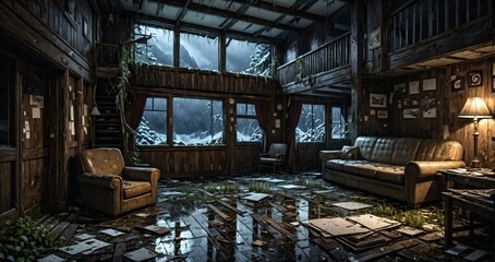 Fototapeta premium abandoned interior of cabin ski lodge resort in the forest wilderness mountains in the snow. deserted ransacked wooden log cottage in arctic tundra.