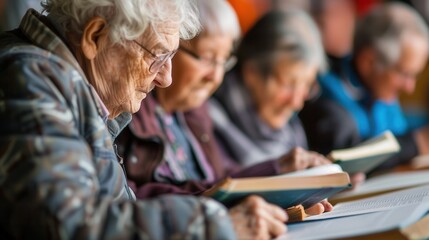 Fototapeta premium A group of elderly people are focused on studying foreign languages using textbooks and dictionaries in a cozy community center during an evening class. Generative AI