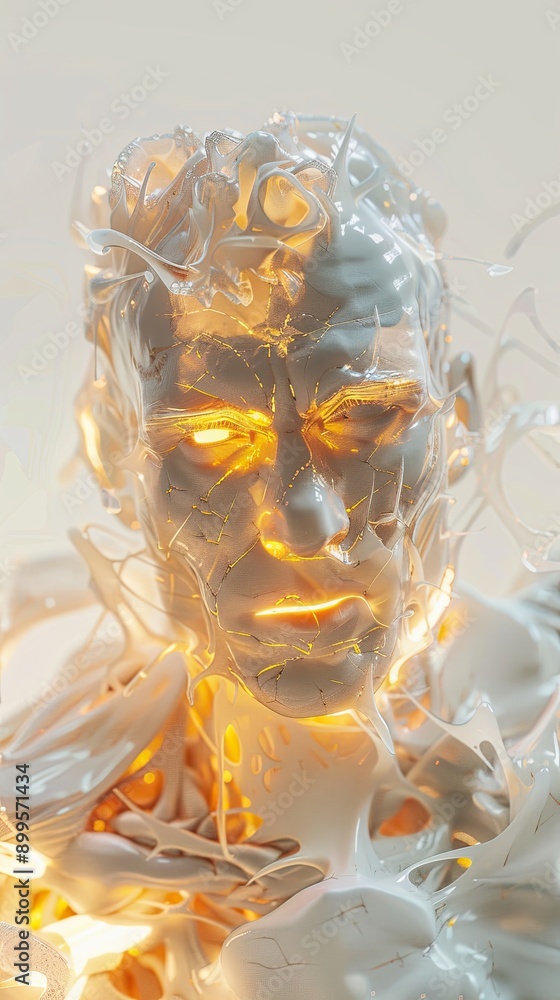 Poster ethereal humanoid sculpture glowing in abstract translucent light during artistic installation in ev