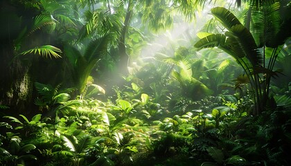 A dense, green forest with sunlight streaming through the canopy, highlighting the lush undergrowth and variety of plants on the forest floor.