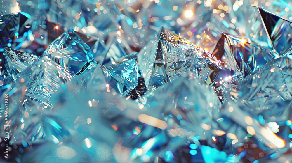 Poster shimmering crystals reflecting light amidst a vibrant display of faceted shapes in a bright environm