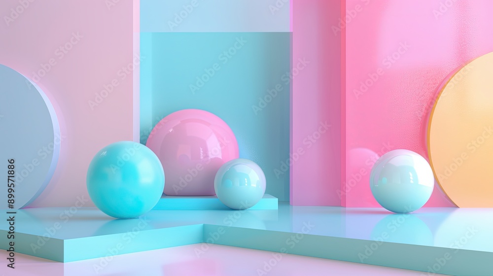 Poster abstract geometric background featuring soft balls in delicate pastel colors and playful arrangement