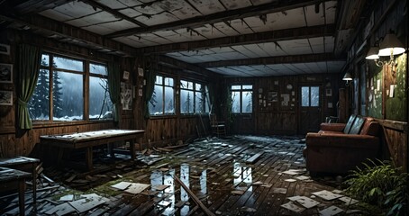 abandoned interior of cabin ski lodge resort in the forest wilderness mountains in the snow. deserted ransacked wooden log cottage in arctic tundra.