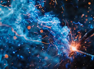 Fancy blue sparks from welding in a factory with a dark background. An industrial worker uses an electric arc pendant machine to weld steel pieces together. Background with copyspace