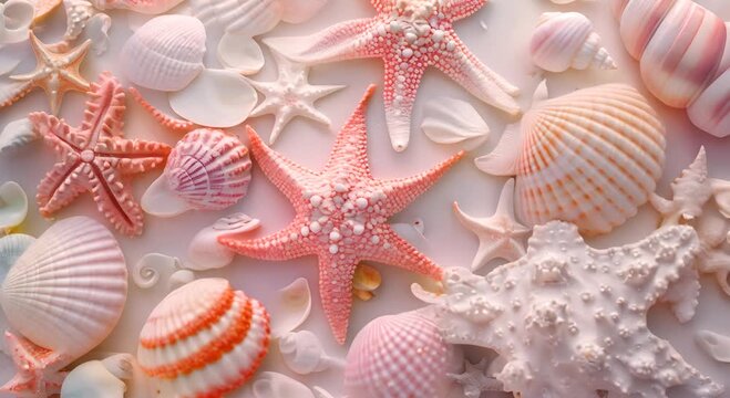 A collection of pink and white seashells and starfish