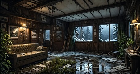 abandoned old ski lodge resort interior cabin in the forest snowy mountains in winter with snow on pine trees. ransacked arctic wooden log cottage house. 