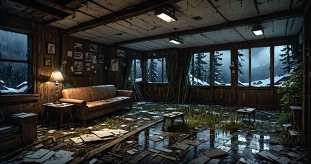 abandoned old ski lodge resort interior cabin in the forest snowy mountains in winter with snow on pine trees. ransacked arctic wooden log cottage house. 