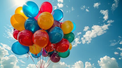 Obraz premium A bunch of brightly colored balloons float upwards against a clear blue sky, dotted with fluffy white clouds.