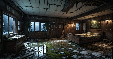abandoned old ski lodge resort interior cabin in the forest snowy mountains in winter with snow on pine trees. ransacked arctic wooden log cottage house. 