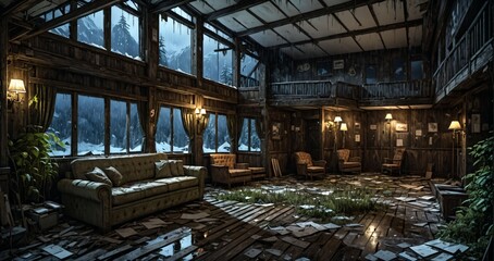 abandoned old ski lodge resort interior cabin in the forest snowy mountains in winter with snow on pine trees. ransacked arctic wooden log cottage house. 