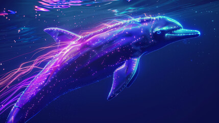 Fototapeta premium A digitally enhanced dolphin glows with neon hues, swimming through a dark, mystical underwater scene.