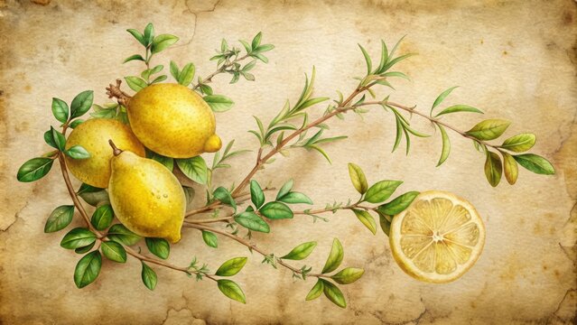 Delicate watercolor illustration of lemon thyme on aged, textured paper, featuring intricate leaf diagrams and subtle botanical details, evoking a sense of nostalgic elegance.
