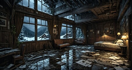 Fototapeta premium abandoned old ski lodge resort interior cabin in the forest snowy mountains in winter with snow on pine trees. ransacked arctic wooden log cottage house. 