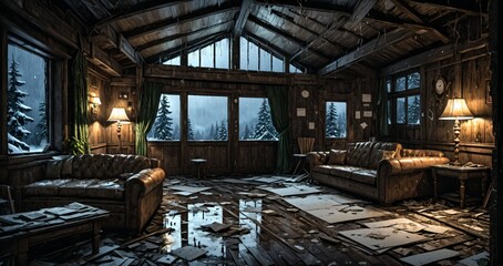 Fototapeta premium abandoned old ski lodge resort interior cabin in the forest snowy mountains in winter with snow on pine trees. ransacked arctic wooden log cottage house. 