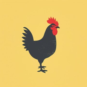 recommend clip art: a minimal vector illustration of a rooster with a red comb and black feathers on a mustard background.