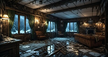 Fototapeta premium abandoned old ski lodge resort interior cabin in the forest snowy mountains in winter with snow on pine trees. ransacked arctic wooden log cottage house. 