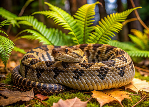 A timber rattlesnake coils silently on forest floor, surrounded by fallen leaves and ferns, its scaly body blending with dappled shade in southeastern woodland habitat.