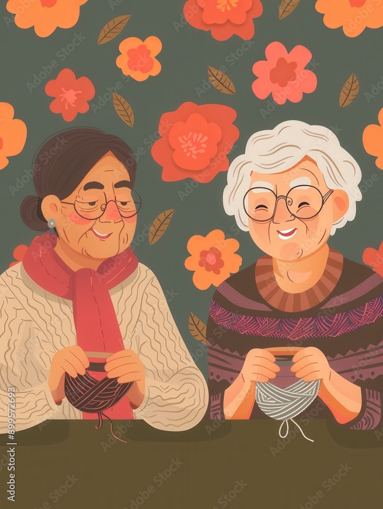 Poster elderly individuals happily engage in knitting and sewing while enjoying each other’s company in a w