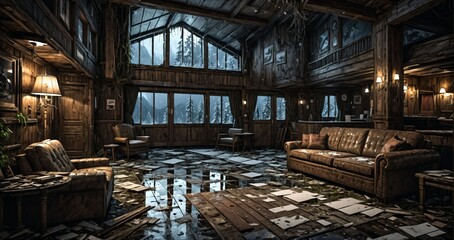 Fototapeta premium abandoned old ski lodge resort interior cabin in the forest snowy mountains in winter with snow on pine trees. ransacked arctic wooden log cottage house. 
