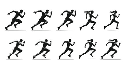 Athlete running silhouettes, man women running silhouette set