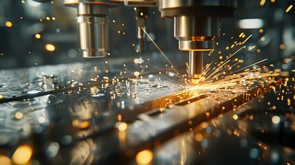 CNC machine cutting metal with sparks flying in a factory setting. Industrial manufacturing process with bright sparks and metalworking tools. Closeup of precision machining background with copyspace