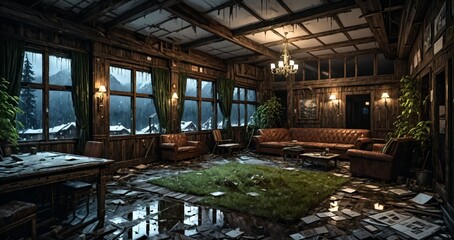 Obraz premium abandoned old ski lodge resort interior cabin in the forest snowy mountains in winter with snow on pine trees. ransacked arctic wooden log cottage house. 