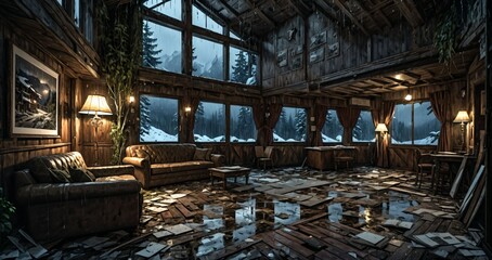 Fototapeta premium abandoned old ski lodge resort interior cabin in the forest snowy mountains in winter with snow on pine trees. ransacked arctic wooden log cottage house. 