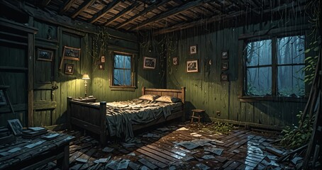 abandoned wooden cabin bedroom interior in the woods on  a rainy evening day night. ransacked wood log lodge overgrown cottage in the forest rain.